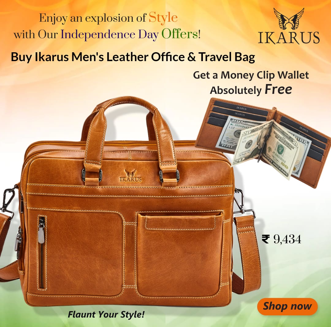 IKARUS Independence Day Special Offer! Buy 1 Leather Men's Office & Travel Bag & Get A Free Leather Money Clip Wallet
